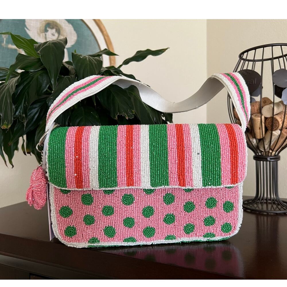 NWT Handcrafted India Beaded Purse Pink Green Striped Artsy Charm Shoulder Bag - Picture 10 of 16